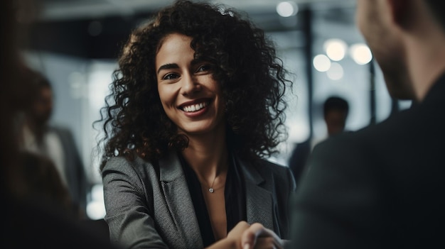 Businesswoman at a networking event conference Smiling and shaking hands Generative AI image