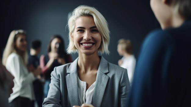 Businesswoman at a networking event conference Smiling and shaking hands Generative AI image