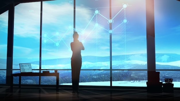 Businesswoman observes infographics in front of a panoramic office window