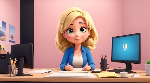 businesswoman in office Cute Girl Cartoon Character AI Generative Illustration