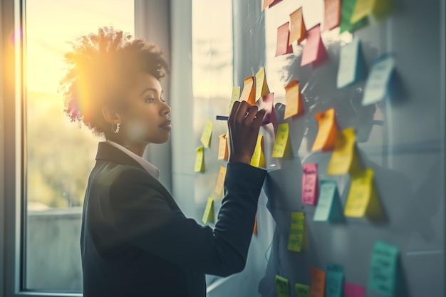 Photo businesswoman in an office engaged in project planning using postit notes on a board in an office