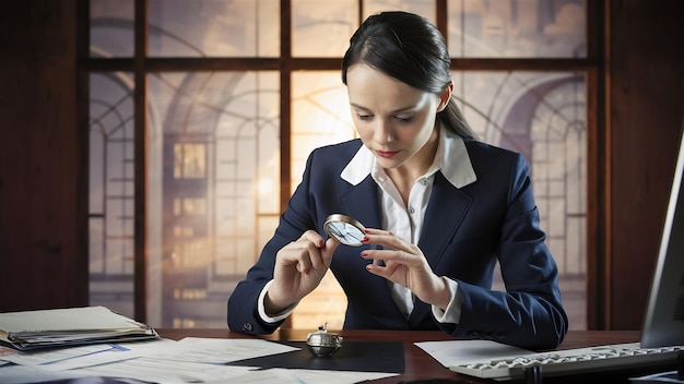 Businesswoman playing with a magnifying glass