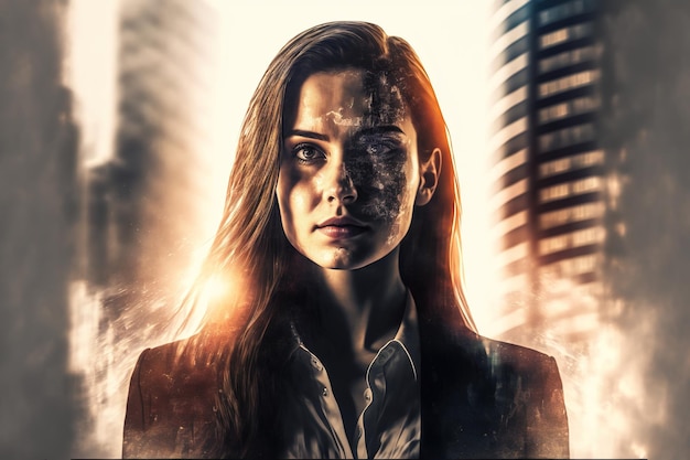 Businesswoman portrait double exposure with city background