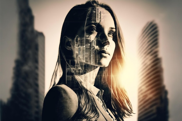 Businesswoman portrait double exposure with city background