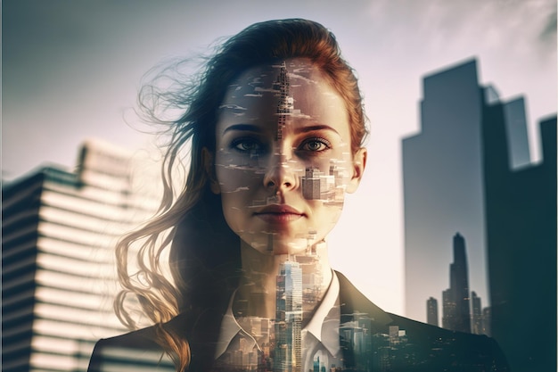 Businesswoman portrait double exposure with city background