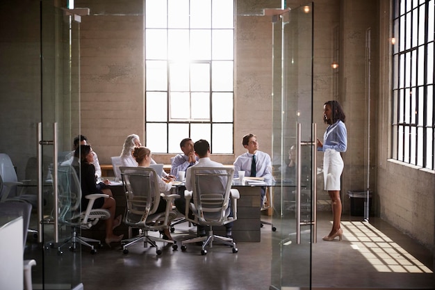 Businesswoman presenting to colleagues at boardroom meeting