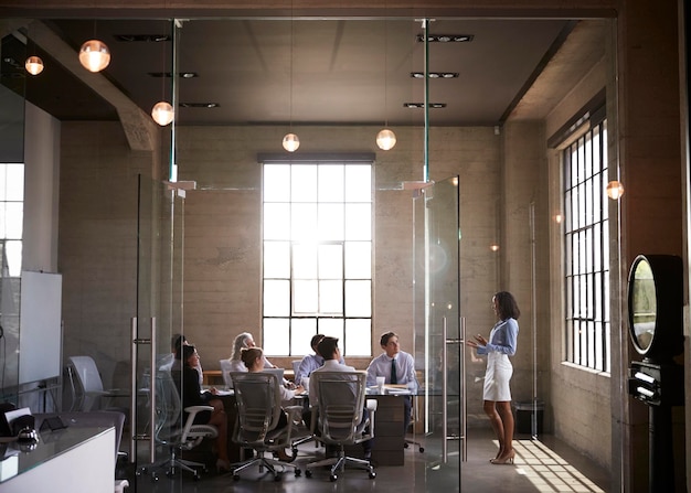 Businesswoman presenting to colleagues at boardroom meeting