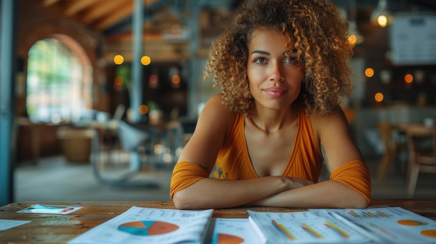 A businesswoman presenting financial data to a team