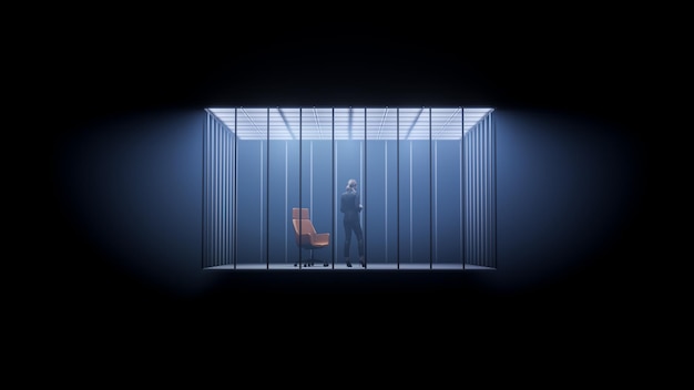 Businesswoman in prison office cage with chair concept 3d rendering