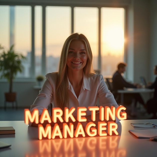 Photo businesswoman professional in corporate business office with glowing sign saying marketing manager