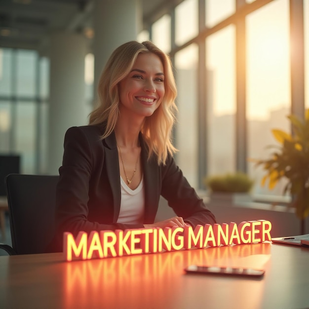 Photo businesswoman professional in corporate business office with glowing sign saying marketing manager