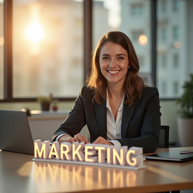 Photo businesswoman professional in corporate business office with glowing sign saying marketing manager