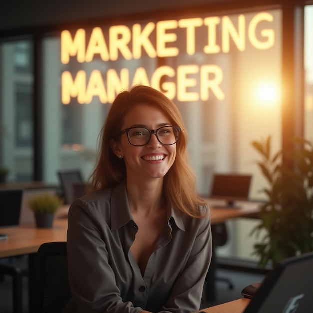 Photo businesswoman professional in corporate business office with glowing sign saying marketing manager