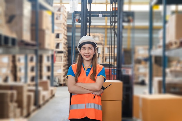 Businesswoman professional Worker holding tablet on warehouse logistic network distribution and smart transportation Logistic import export and industry warehouse management systemxA