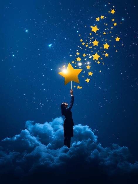 Photo a businesswoman reaches up towards a large golden star symbolizing ambition goals opportunit