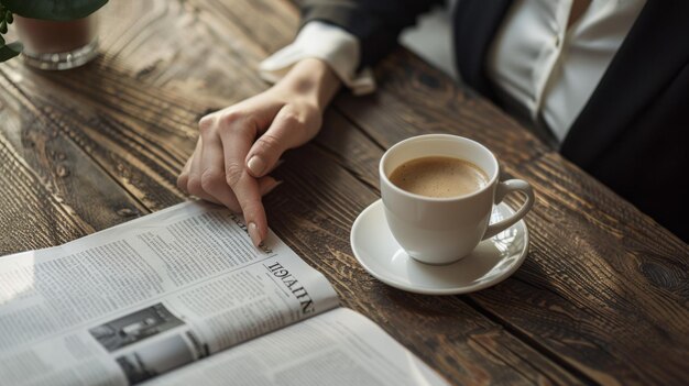 Photo businesswoman reading newspaper