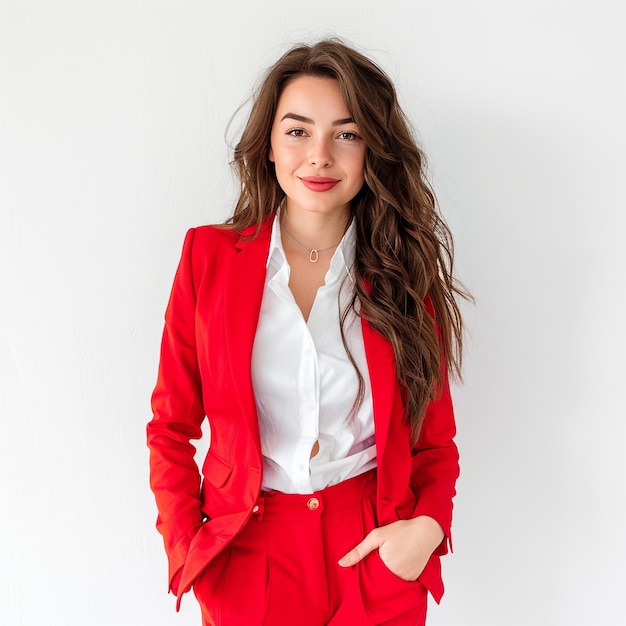 Businesswoman in a red suit on a white background