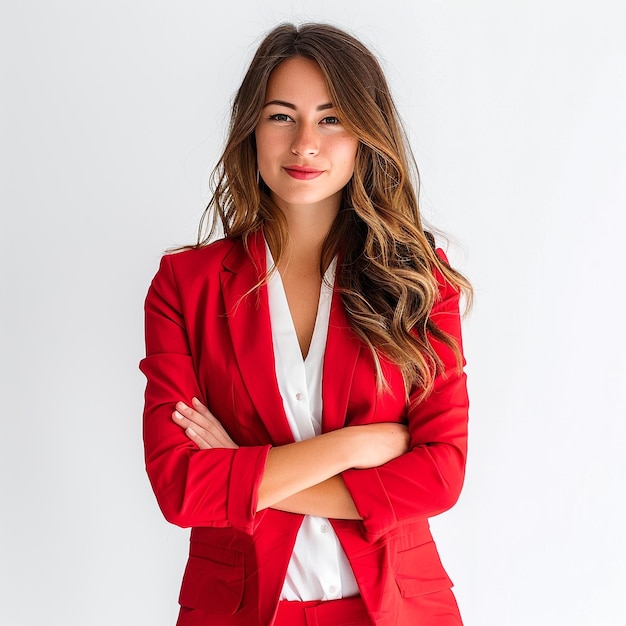 Businesswoman in a red suit on a white background