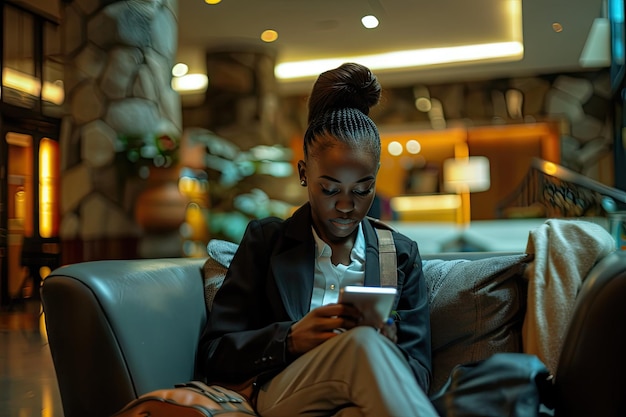 Businesswoman Resting in Hotel Room with Smartphone