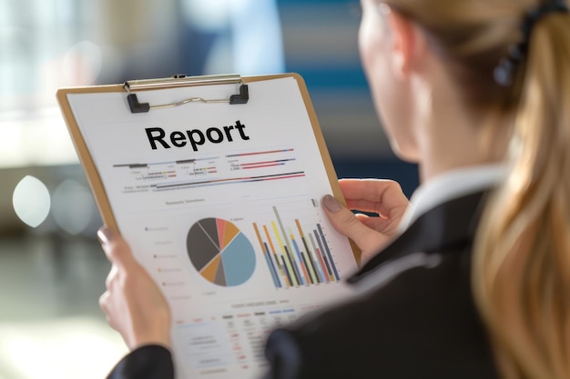 Photo businesswoman reviewing financial report at busy train station during rush hour