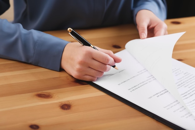 Businesswoman signing contract at wooden table closeup of hands