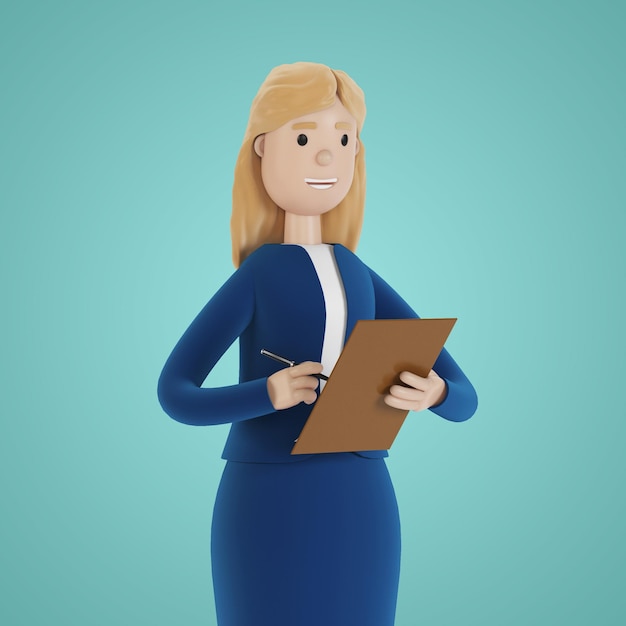 The businesswoman signs the documents Woman in business clothes employee of the company 3d illustration in cartoon style