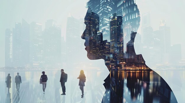 Businesswoman silhouette overlay on futuristic cityscape