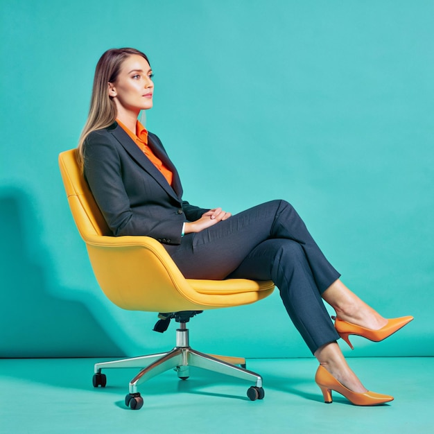 A businesswoman sitting on a chair confidently