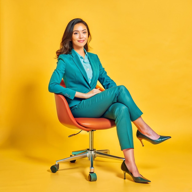 A businesswoman sitting on a chair confidently