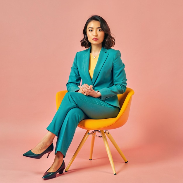 A businesswoman sitting on a chair confidently