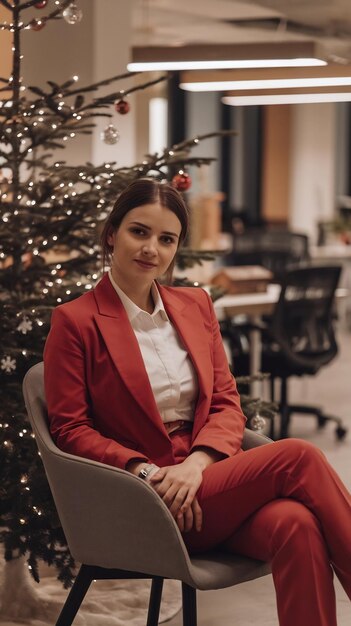 Businesswoman sitting on chair near Christmas tree at coworking space