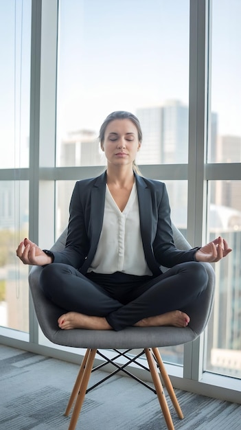 Businesswoman sitting cross legged on chair meditating by window in office