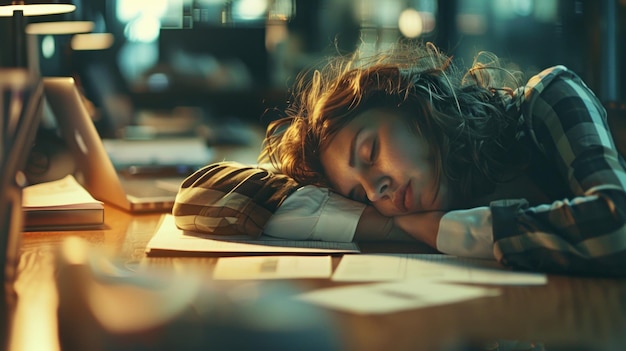 Photo businesswoman sleeping at work in the office