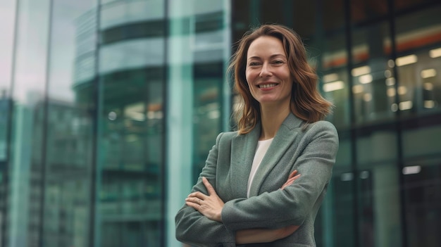 A businesswoman smiling confidently as she stands in front of a modern office building