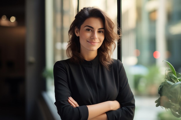 Businesswoman smiling while standing by windows