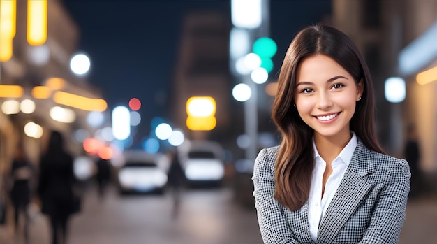 Businesswoman standing blurry smile behind streetlight generative AI