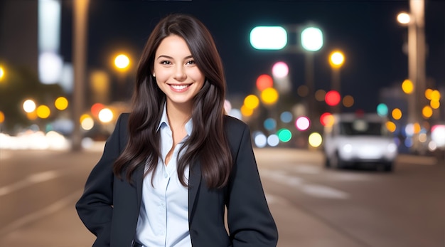 Businesswoman standing blurry smile behind streetlight generative AI