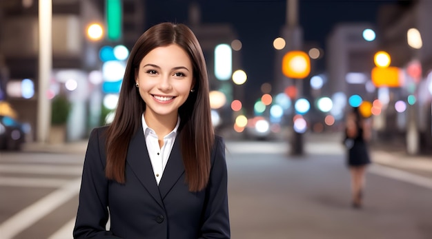 Businesswoman standing blurry smile behind streetlight generative AI