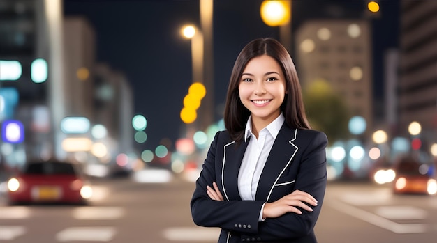 Businesswoman standing blurry smile behind streetlight generative AI