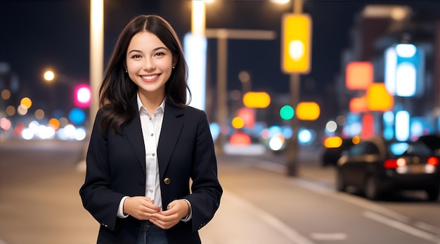 Businesswoman standing blurry smile behind streetlight generative AI