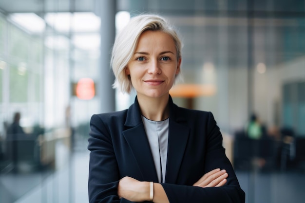 Businesswoman standing in front of a glass wall in a modern office looking confident and successful