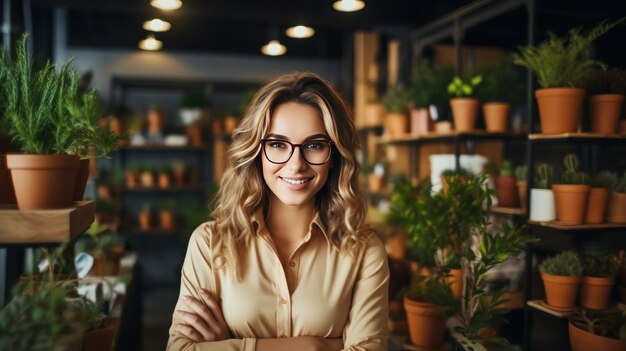 Businesswoman standing at loft office with many plants Illustration AI GenerativexA