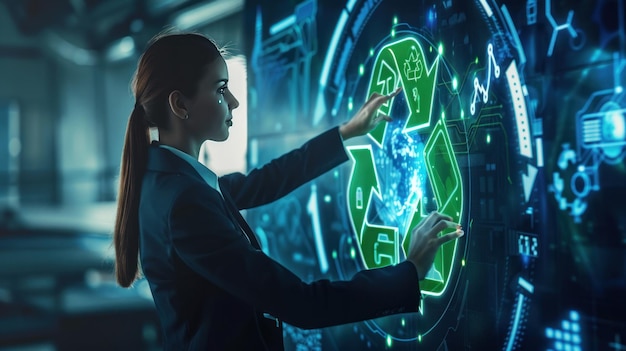 Businesswoman standing touching green recycling icon on virtual touch screen