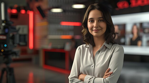 a businesswoman standing with crossed arms in office