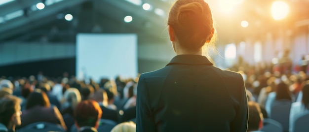 A businesswoman stands before a conference audience poised to deliver a powerful speech