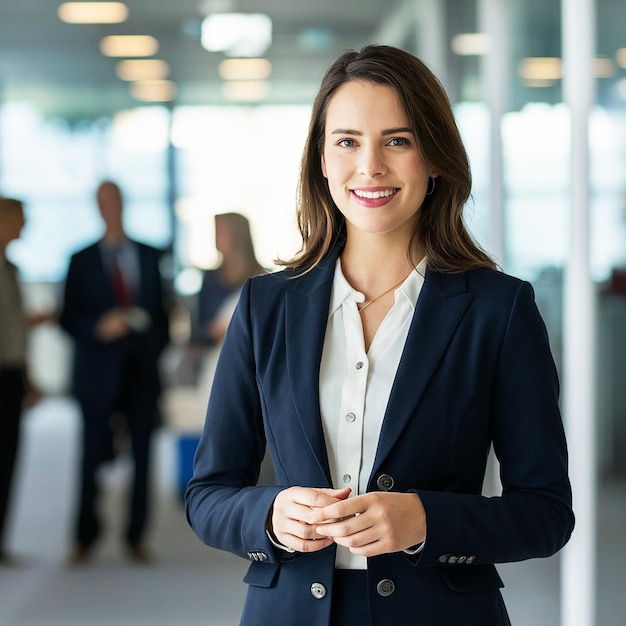 Businesswoman in a suit stands in front of a group of people