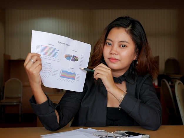 businesswoman in suite present financial report at her work place