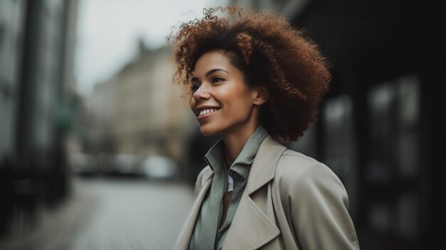 Businesswoman taking a break from work stepping outside for fresh air smiling Generative AI image