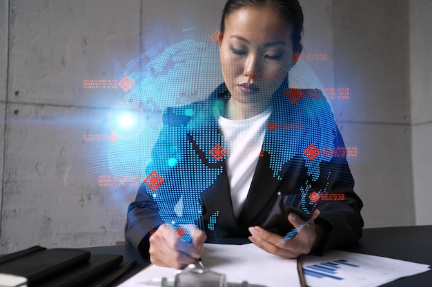 Businesswoman taking notes and world map hologram Double exposure Technology security network solution planet earth international business concept