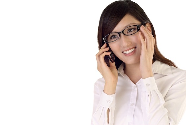 businesswoman talk to cellphone with smiling face.